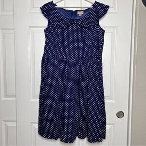 Lindy Bop Hetty Flared Shawl Collar Polka Dot Dress * blue / white * 3XL